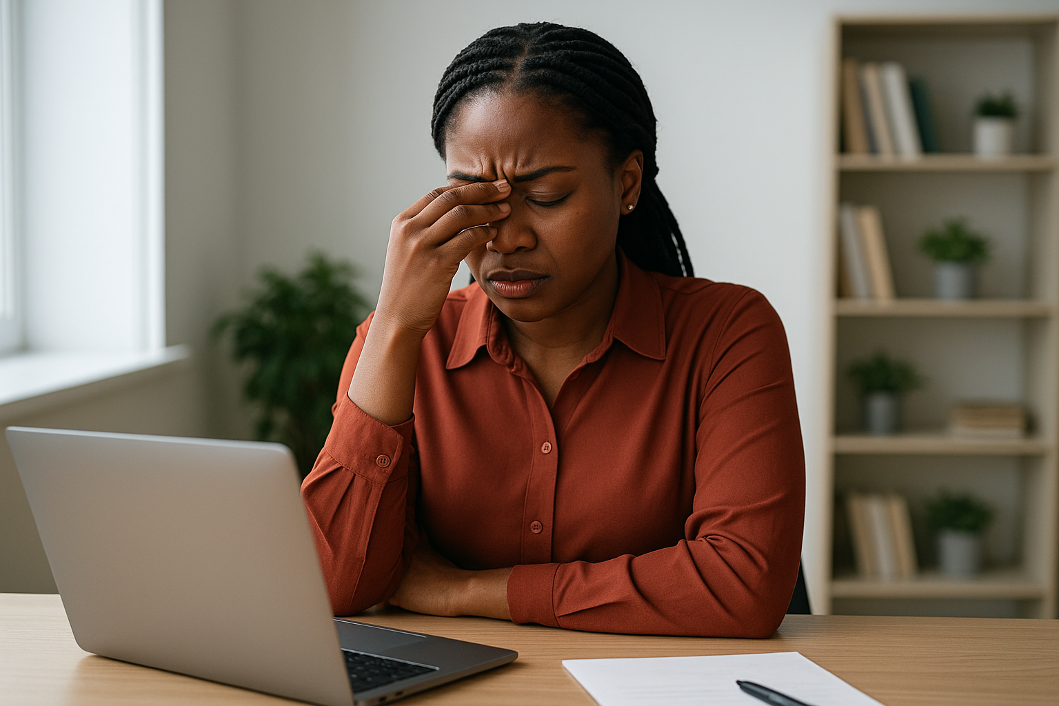 Black professional managing workplace stress with mindfulness and boundary-setting tools