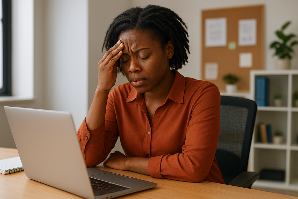 Black professional experiencing signs of burnout at work, exhausted at desk