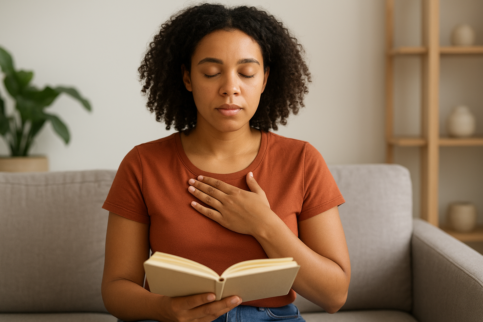 Black woman practicing self-awareness and mindfulness as part of healing low self-esteem