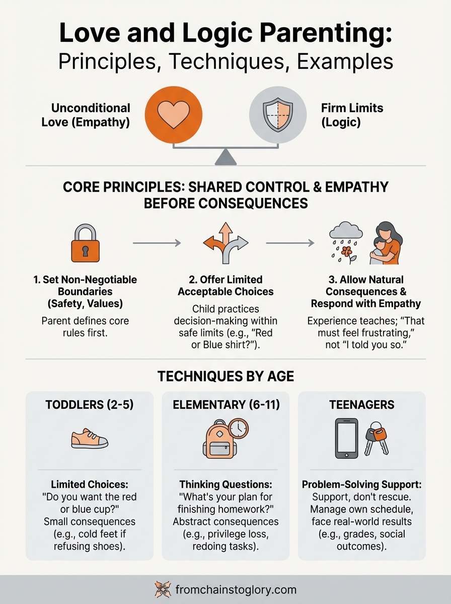 Love and Logic parenting infographic showing principles, techniques, and examples