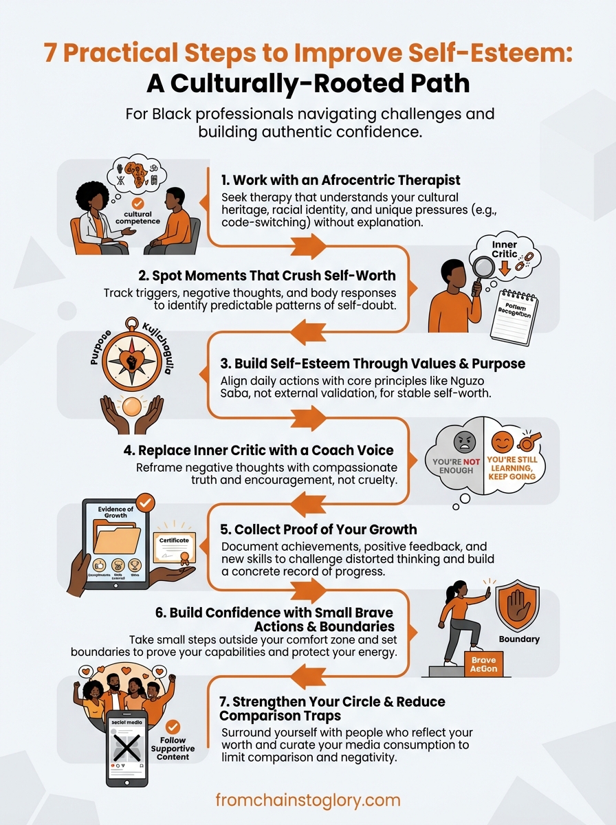 How to improve self-esteem infographic with 7 practical steps that work