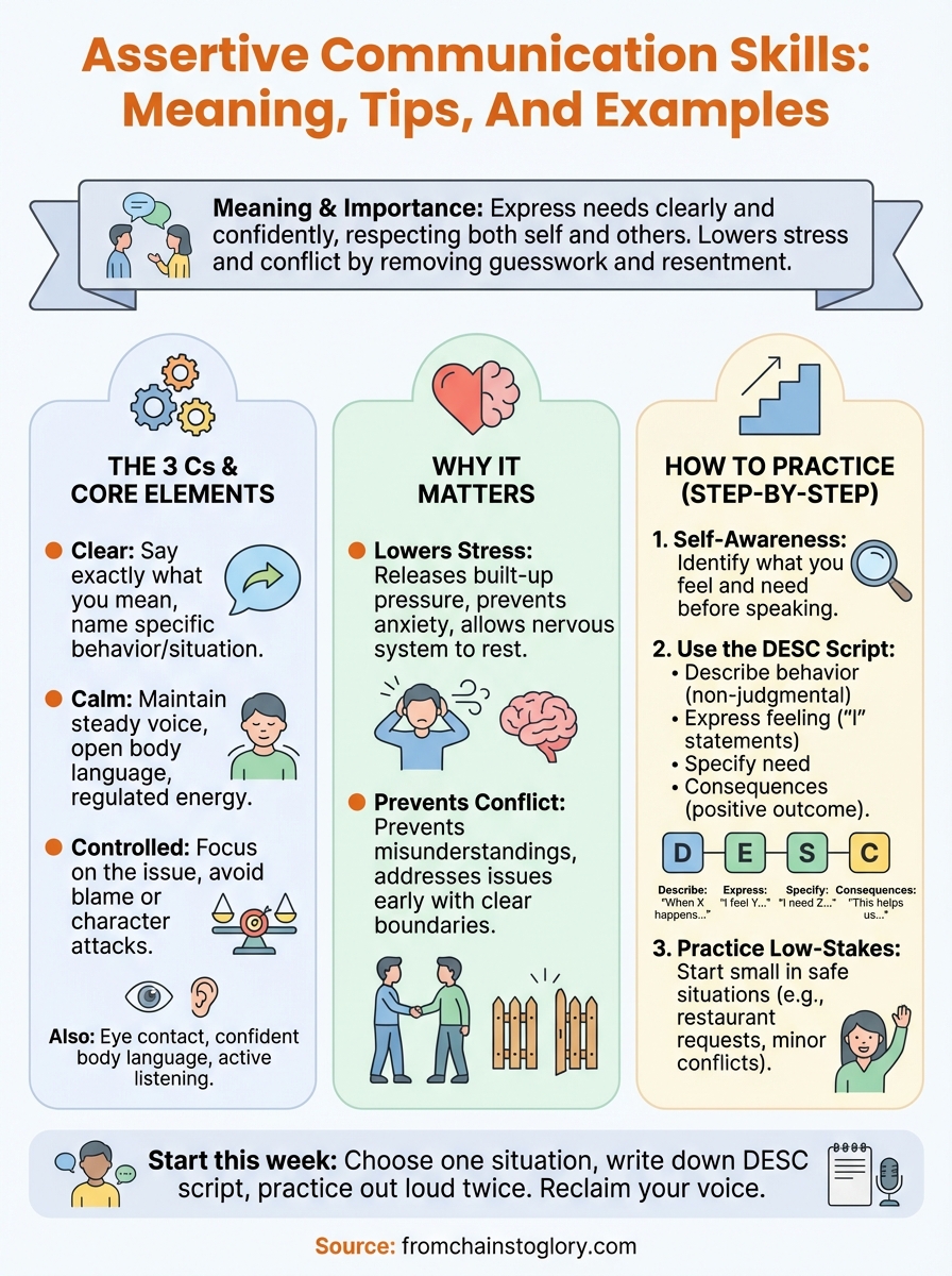 Assertive communication skills infographic with meaning, tips, and examples