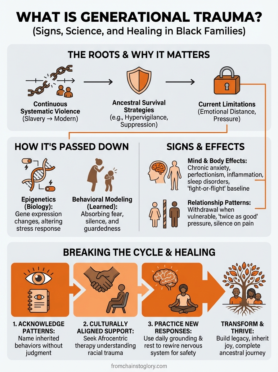 Generational trauma infographic showing signs, science, and healing steps