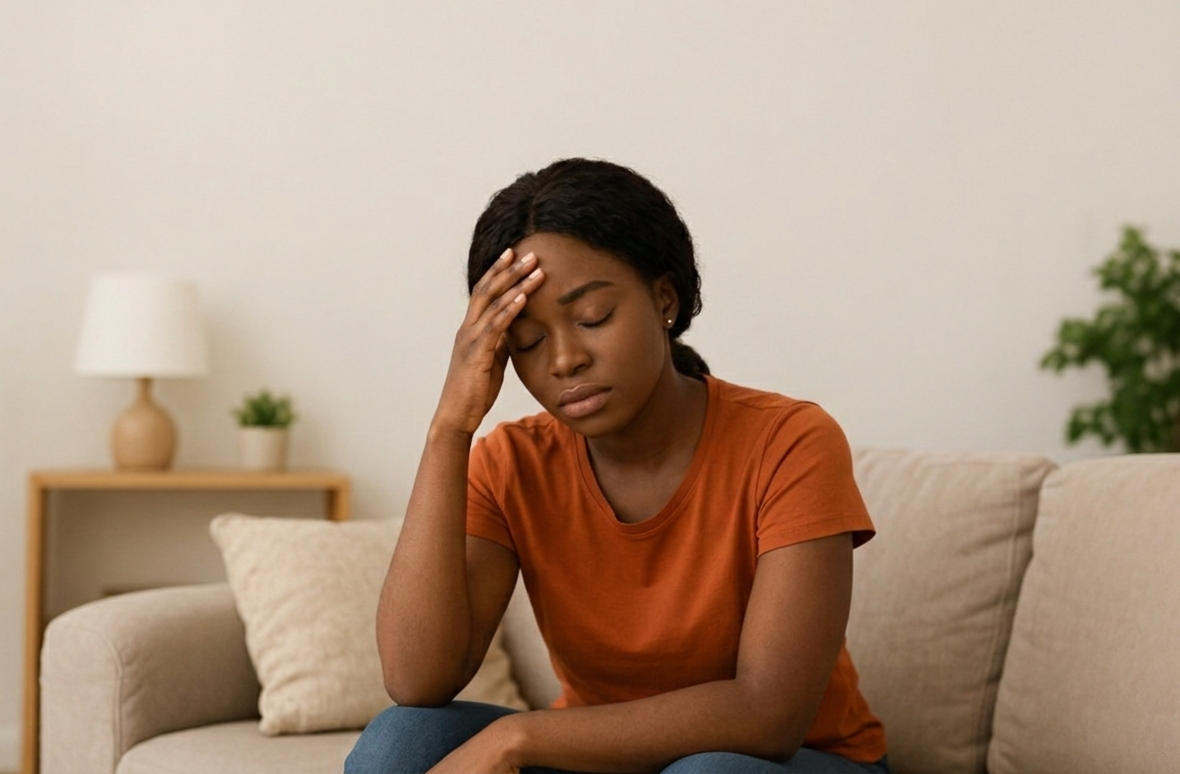 Woman with low self-esteem sitting alone, reflecting on hidden signs of self-doubt