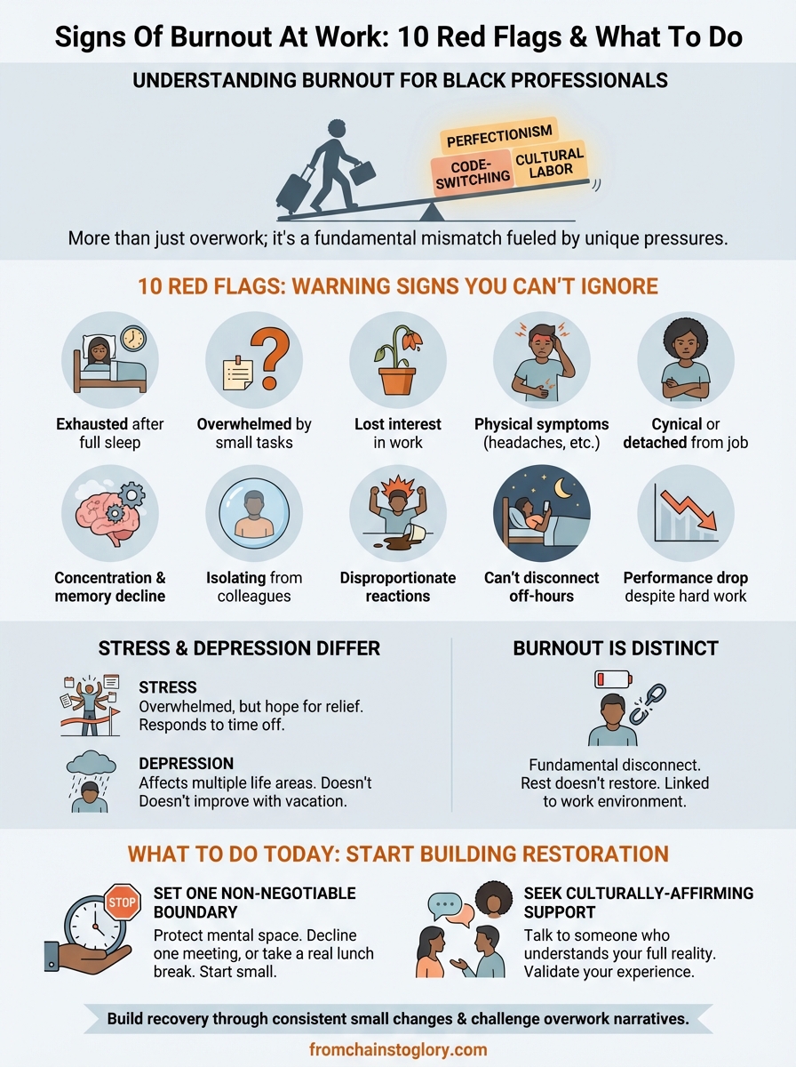 Signs of burnout at work infographic showing 10 red flags and recovery steps