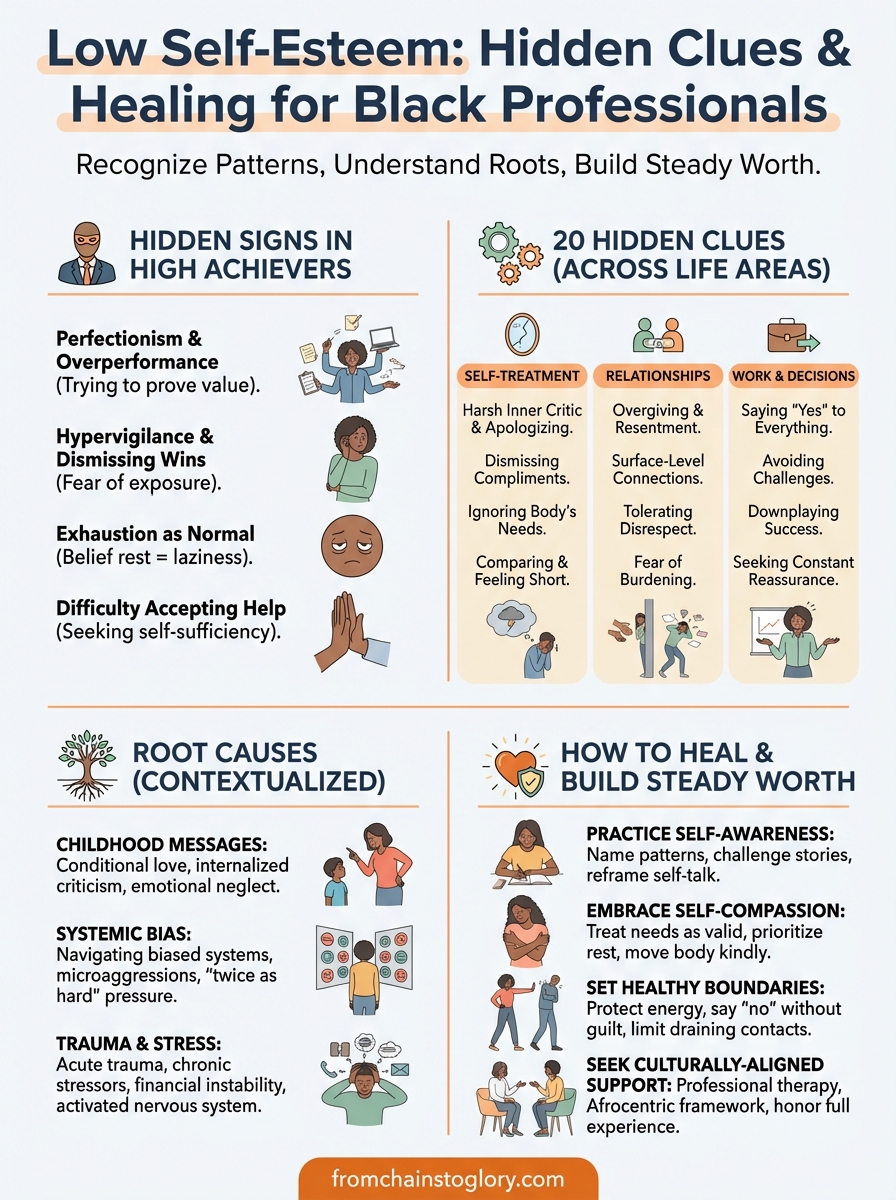 Signs of low self-esteem infographic showing 20 hidden clues and how to heal